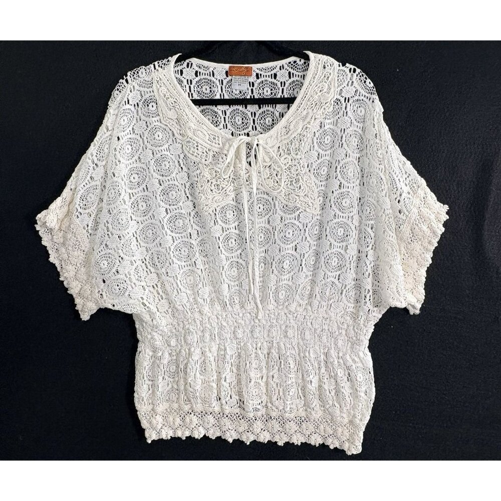 SCULLY Women Crochet Wide Sleeve Round Neck Top‎ Sz M White Western Boho 50-17
